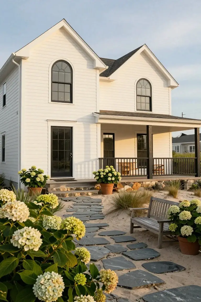 White clapboard two-story house with black-framed windows and doors, covered front porch with chairs, hydrangea plants in pots, and flagstone path on sandy ground.