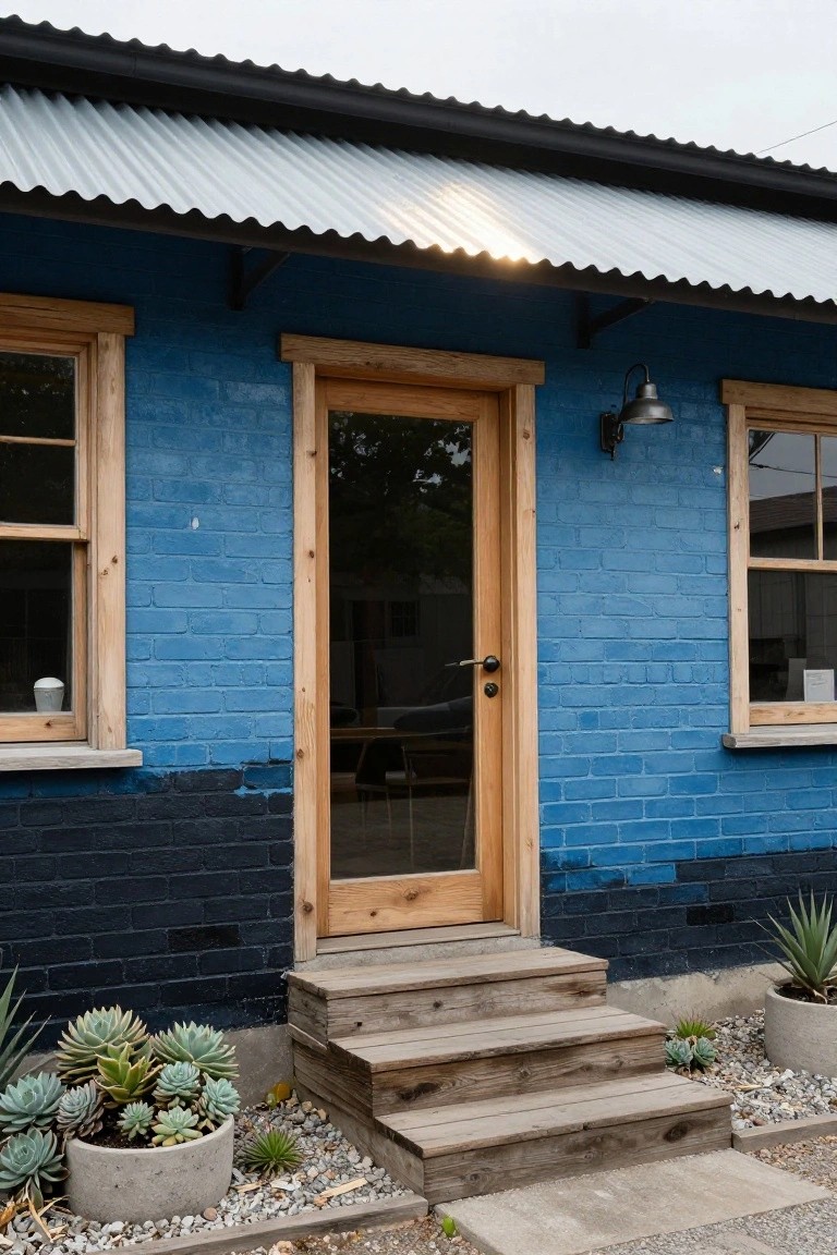 Front view of a blue brick house with lower black brick section, wooden front door with glass panel, wooden steps, two side windows with wood frames, corrugated metal roof awning, wall lamp, and potted succulents and agave plants at the base.