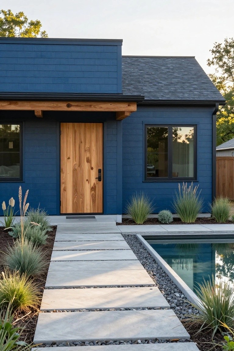 Blue shingle house exterior with tall wooden front door, black-framed window beside it, concrete paver pathway through ornamental grasses, and pool edge at right.