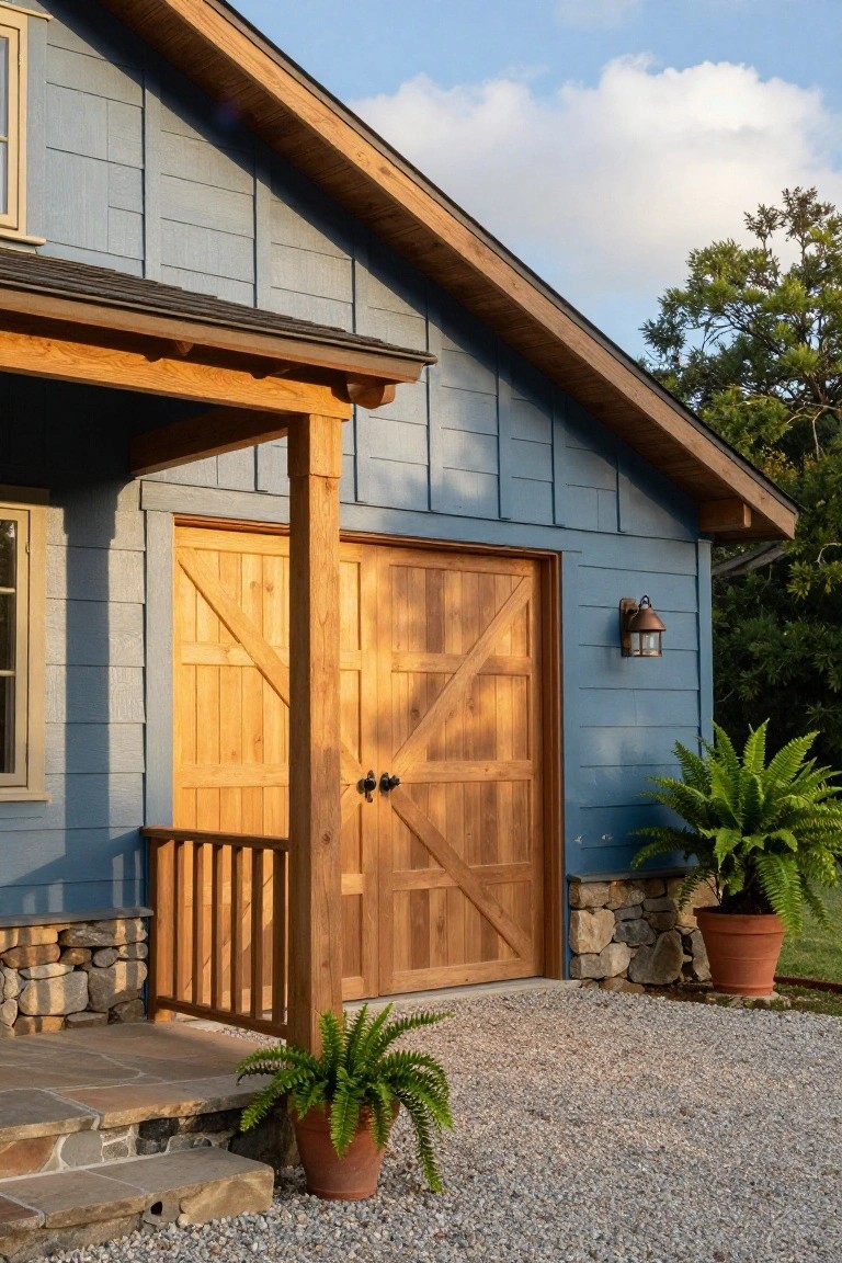 Blue board-and-batten sided house exterior with double wooden garage doors, timber porch supports, stone foundation, potted ferns, and gravel driveway under a partly cloudy sky.