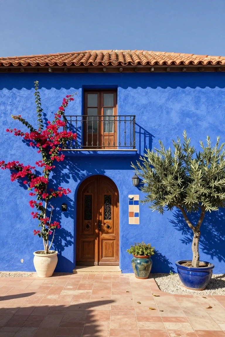 Bright blue stucco house facade with terracotta tile roof, wooden arched entry door, small metal-railed balcony, red bougainvillea vines climbing left wall, potted plants including olive tree, and tiled front patio under clear sky.