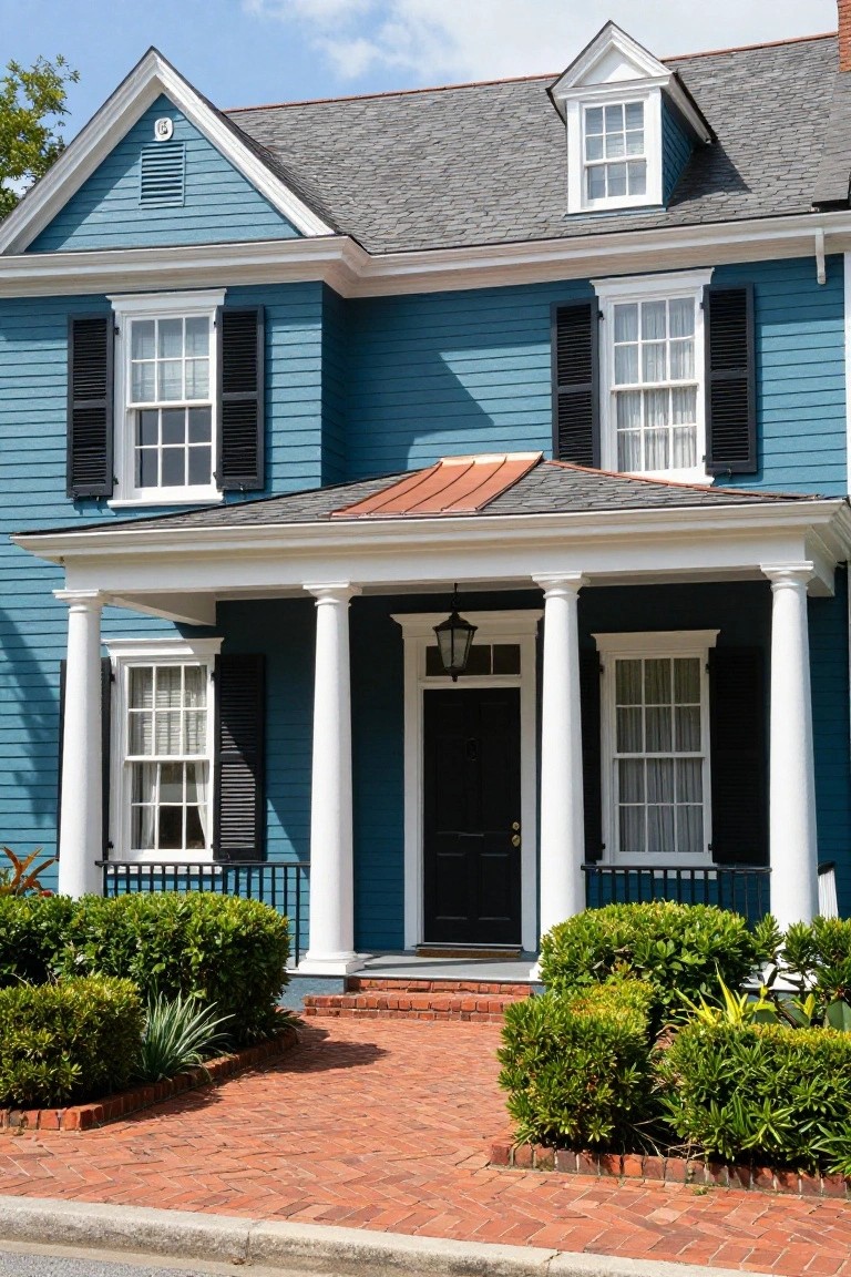 Two-story house painted deep blue with white trim, featuring gabled slate roof, copper porch roof, white columns supporting covered porch, black front door, shuttered windows, and boxwood shrubs along brick pathway.