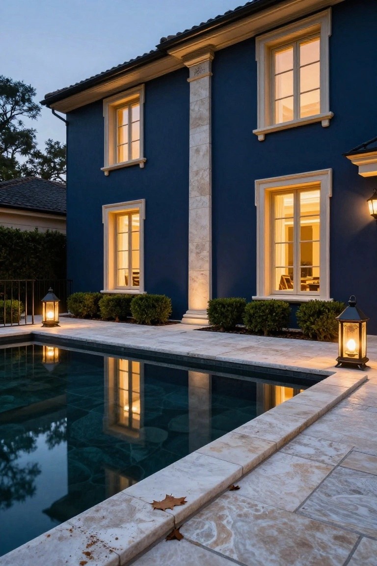 Dark blue stucco house exterior at dusk with lit windows, a tall light stone pilaster between windows, boxwood shrubs, black metal lanterns, and a nearby pool reflecting the lights.
