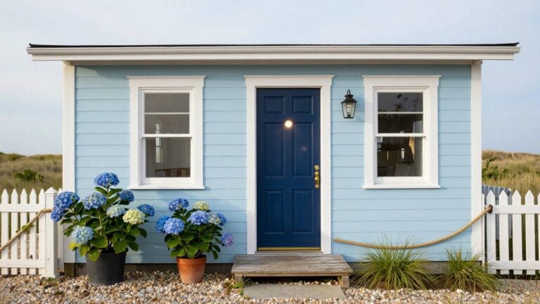 13 Blue House Exterior Color Combinations That Always Work Light blue clapboard house exterior with white trim, navy blue front door with glass panel, white picket fence, potted hydrangeas, lantern light, and beach dunes in the background.
