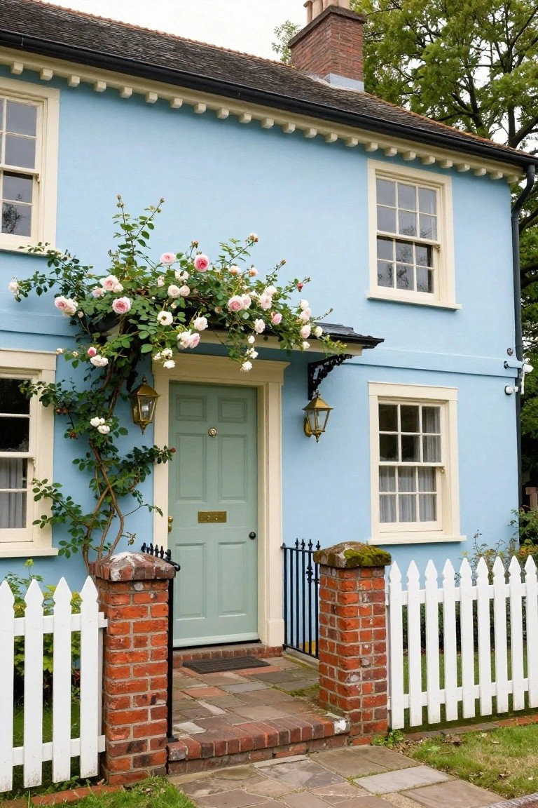 Light blue two-story house exterior with cream trim, sage green front door framed by pink climbing roses, brass lanterns, white picket fence with brick posts, and potted plants.
