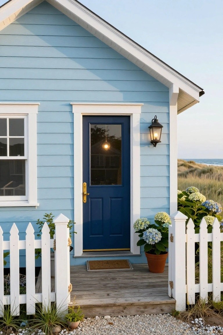 Light blue clapboard house exterior with white trim, navy blue front door with glass panel, white picket fence, potted hydrangeas, lantern light, and beach dunes in the background.