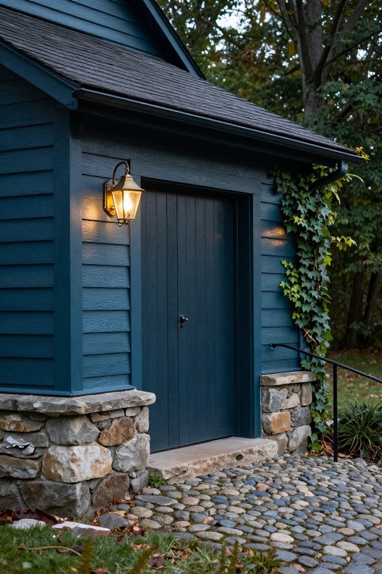 Navy blue clapboard detached garage with dark vertical board door, brass lantern light, ivy on the wall, fieldstone foundation, black railing, and pebble path in front amid fall leaves and greenery.