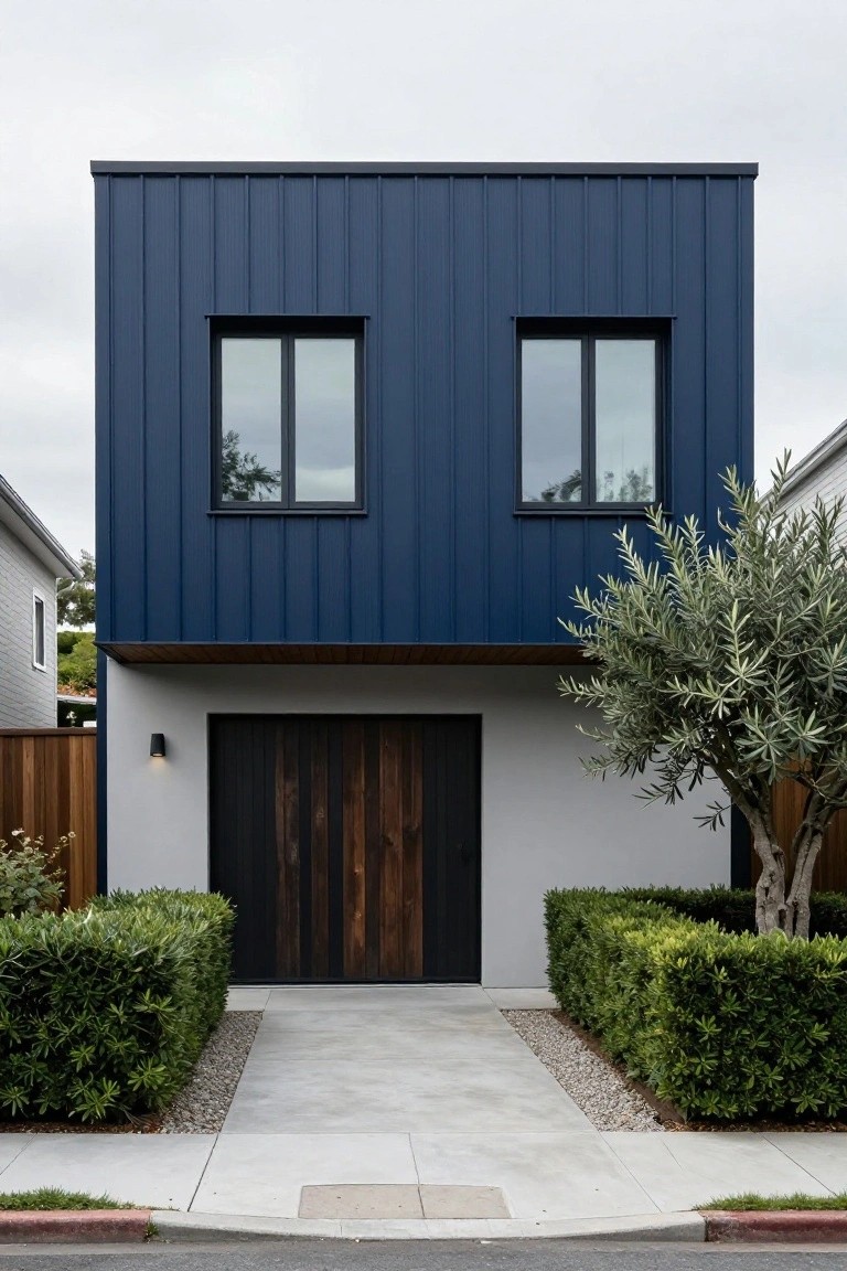Front exterior of a modern rectangular two-story house with navy blue corrugated metal siding, two black-framed upper windows, wooden garage door, concrete driveway and pathway, boxwood hedges, gravel strips, and an olive tree.