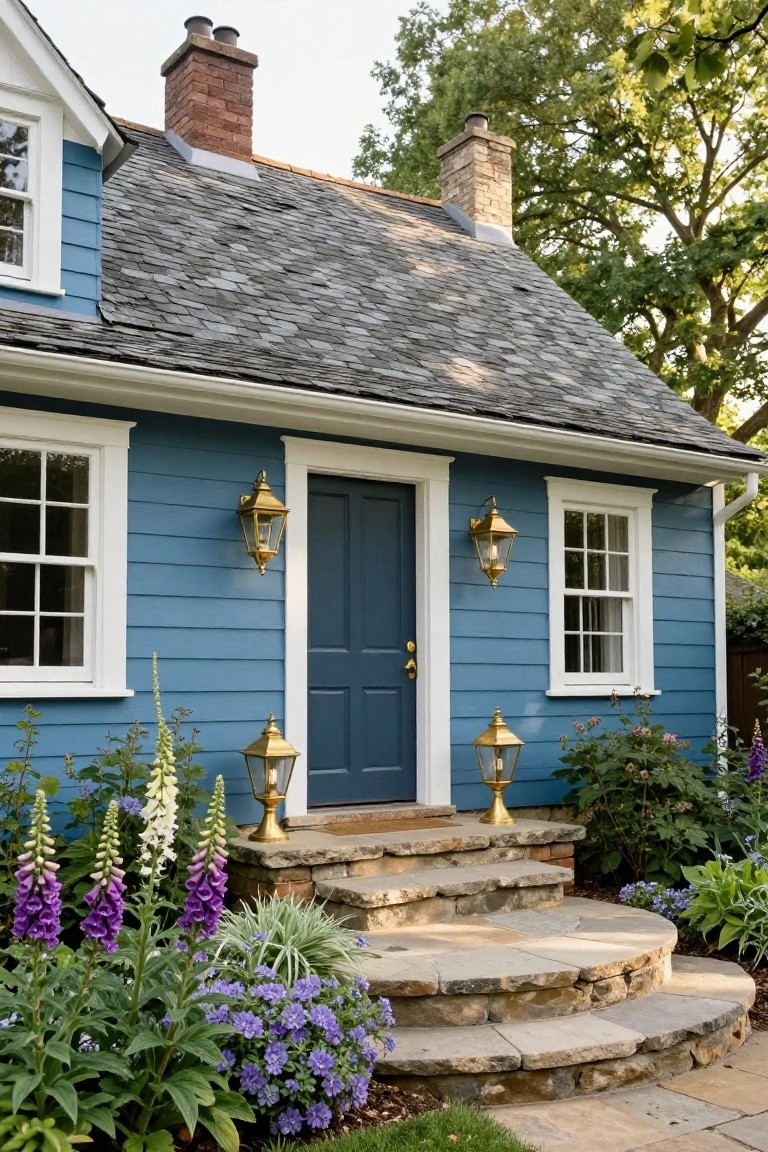 Blue clapboard house with white trim and slate roof, navy double front door flanked by gold lanterns, curved stone entry steps surrounded by purple foxglove and other flowers.