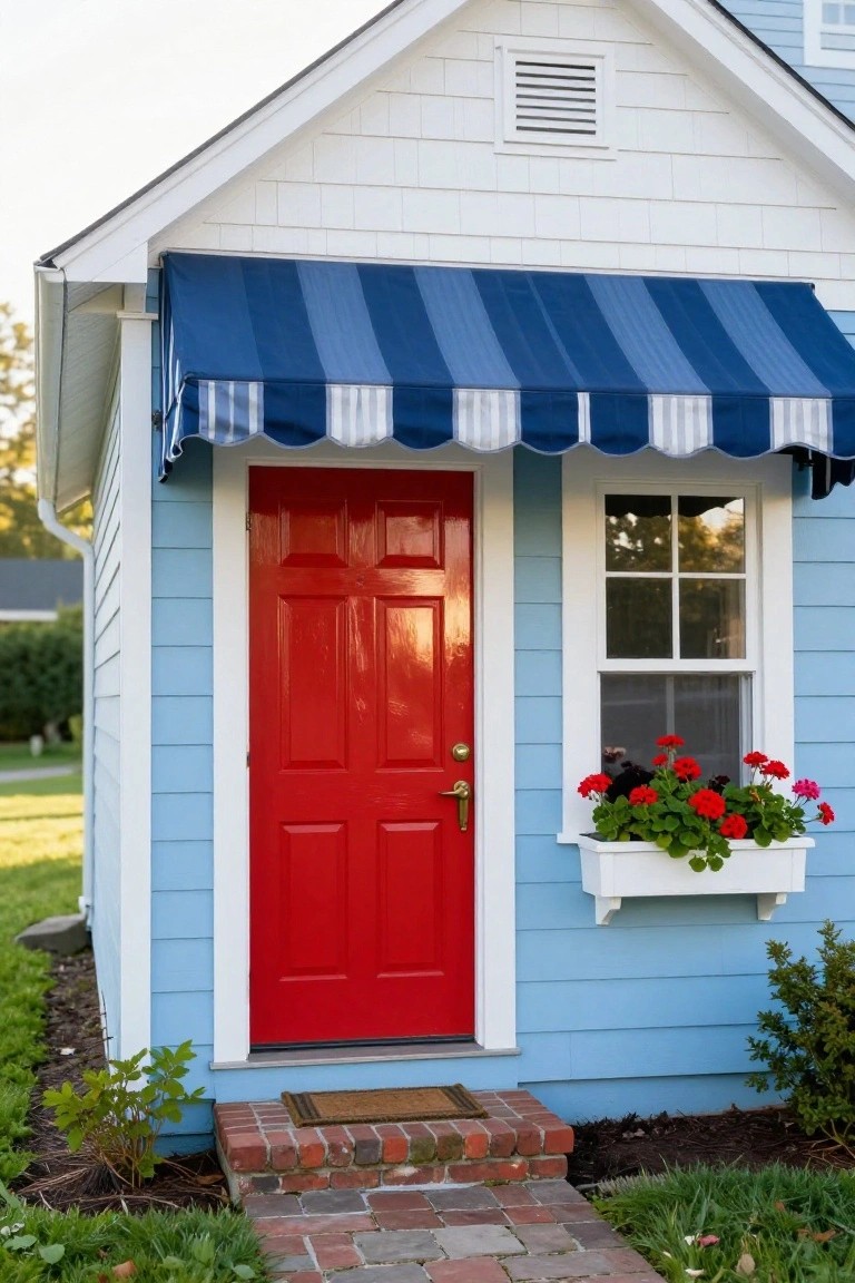Light blue clapboard house exterior with white trim, glossy red paneled front door, blue and white striped awning over the door, white window box with red geraniums on the side window, brick steps, and low shrubs in a yard.