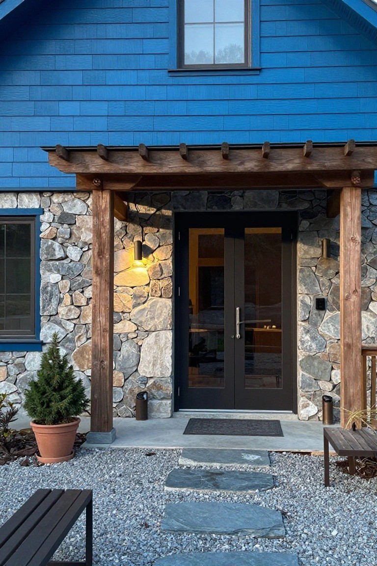 Front exterior of a blue shingled house with fieldstone base walls, timber pergola over double glass entry doors flanked by sconce lights, gravel ground with stone steps, benches, and potted pine tree.