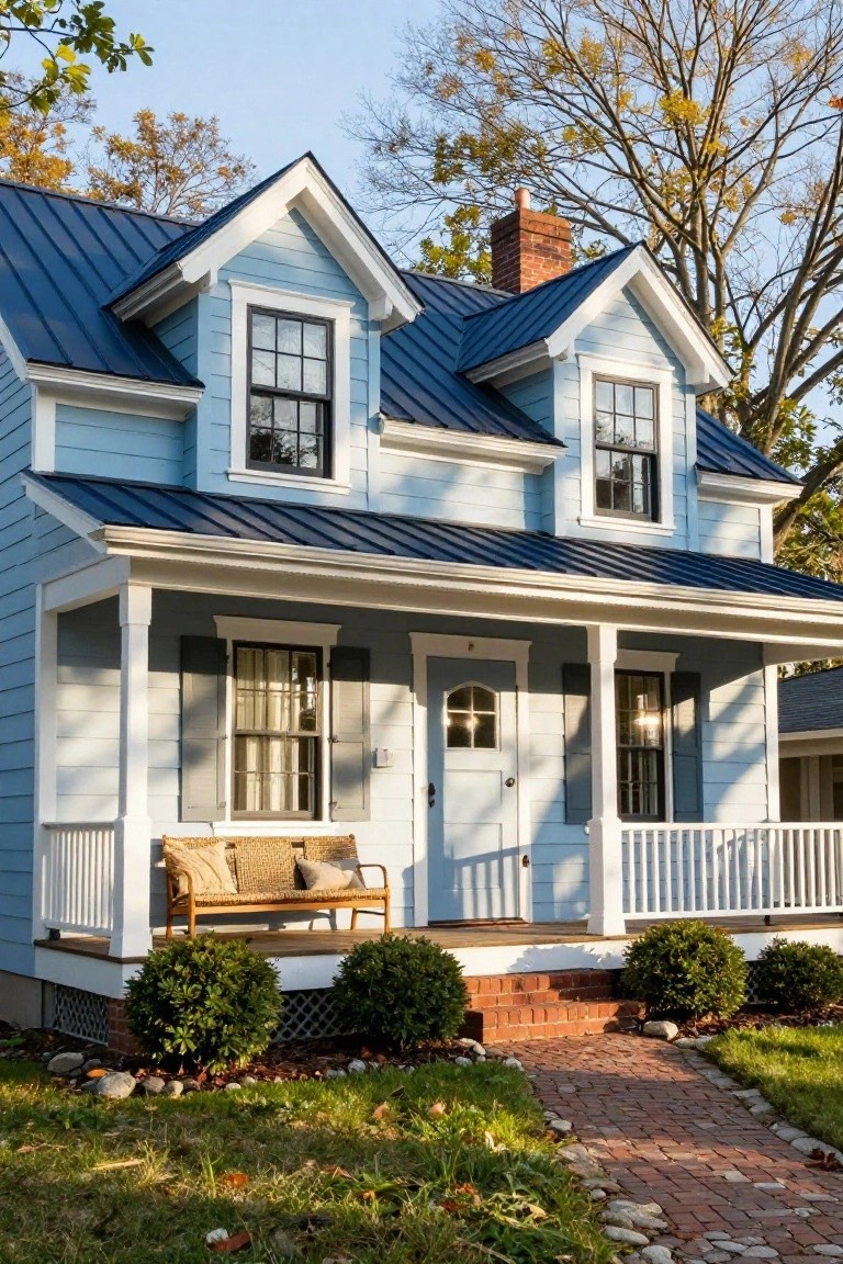 Light blue clapboard house with blue standing-seam metal roof, white trim and porch featuring a wooden bench, flanked by boxwood shrubs, brick steps, and tall trees with fall foliage.