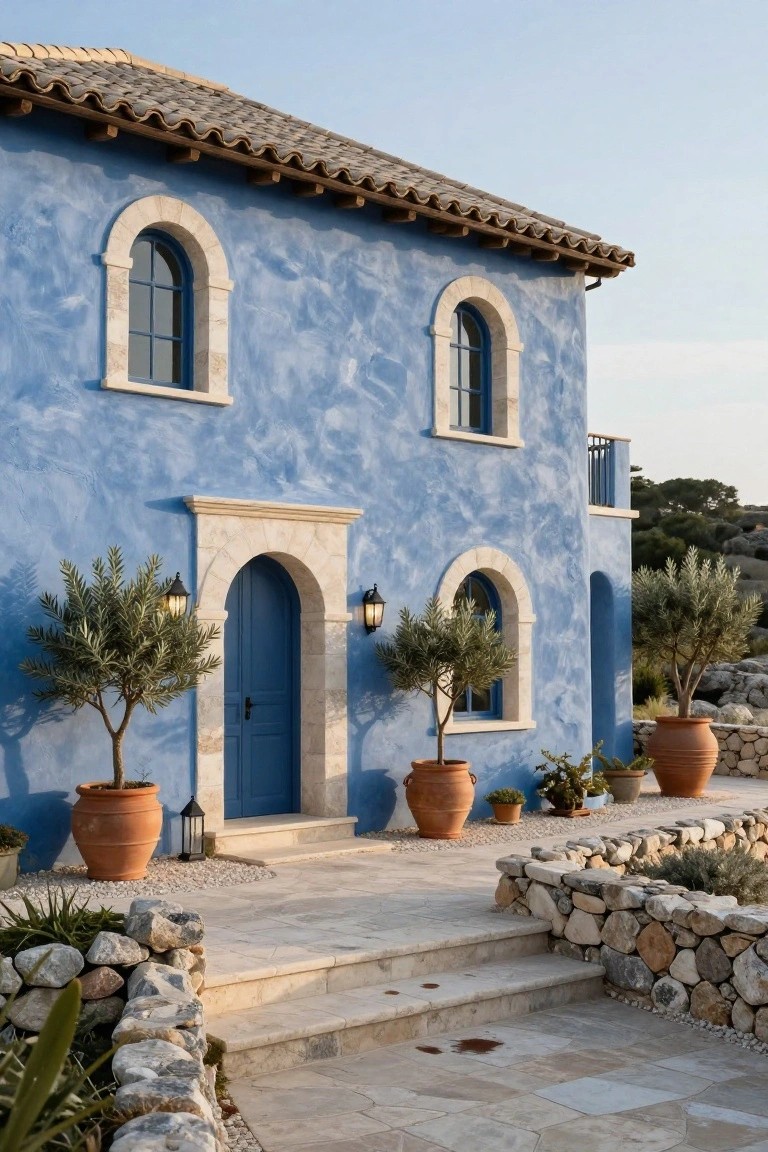 Blue stucco house exterior with terracotta tile roof, arched blue door flanked by olive trees in terracotta pots, stone steps leading to the entrance, and rock-edged landscaping.