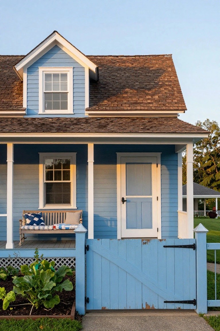 Brown Shingle Roof on Light Blue Siding