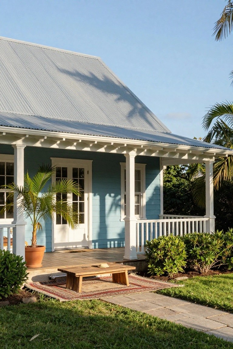 Turquoise blue wooden house with corrugated silver metal roof, white porch columns and railing, potted palm tree, wooden bench on steps, and tropical landscaping with grass path.