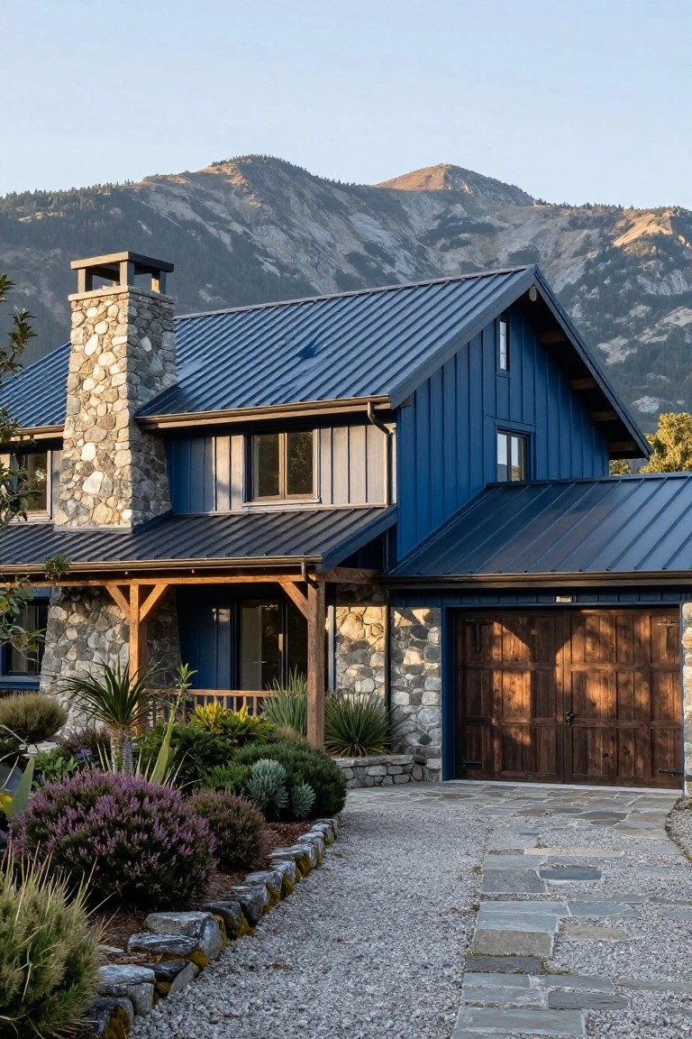 A navy blue wood-sided house with dark blue standing seam metal roof, tall stone chimney, wooden garage door, gravel driveway, stone borders, and plants, backed by rocky mountains in evening light.