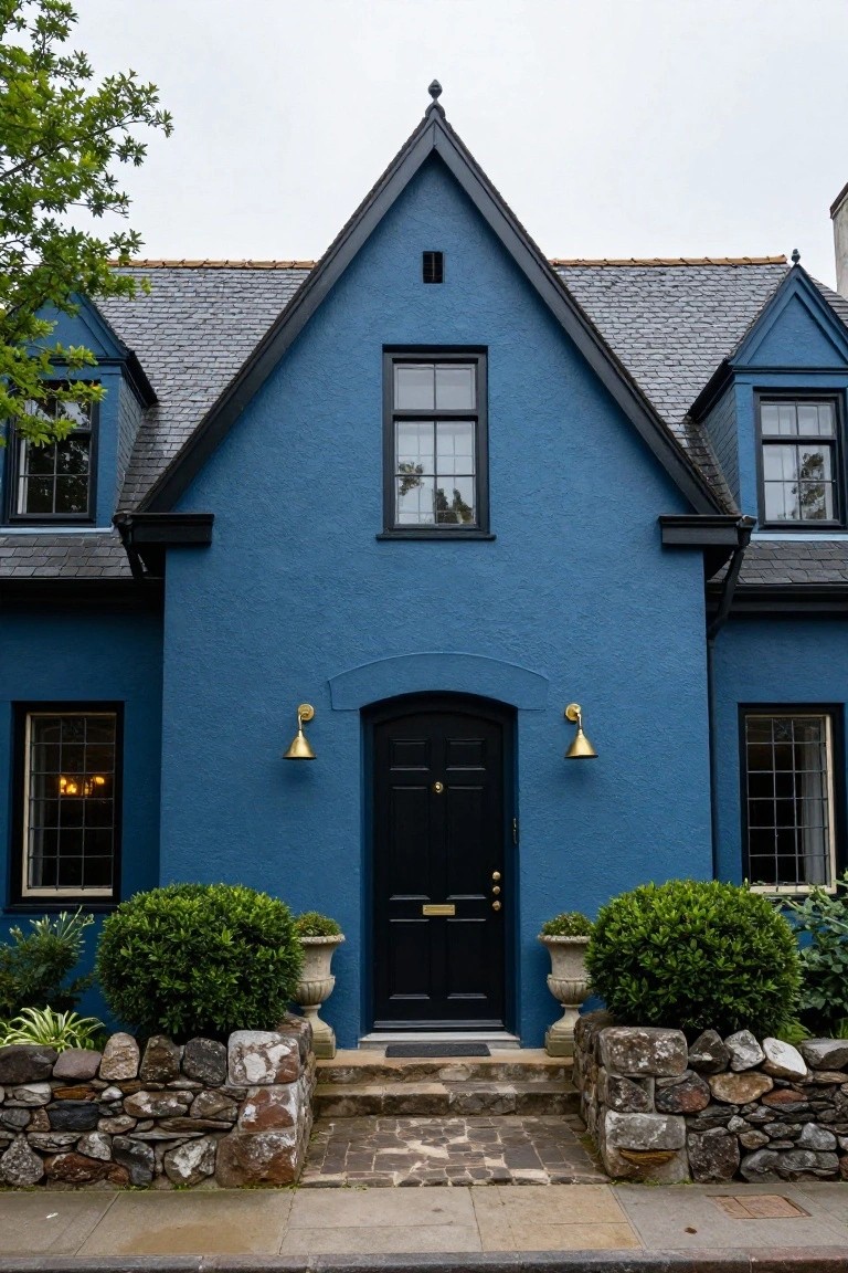 Front view of a deep blue stucco house with dark slate gable roof, black trim and arched front door, gold wall lanterns, leaded glass windows, and boxwood shrubs on stone walls leading to steps.