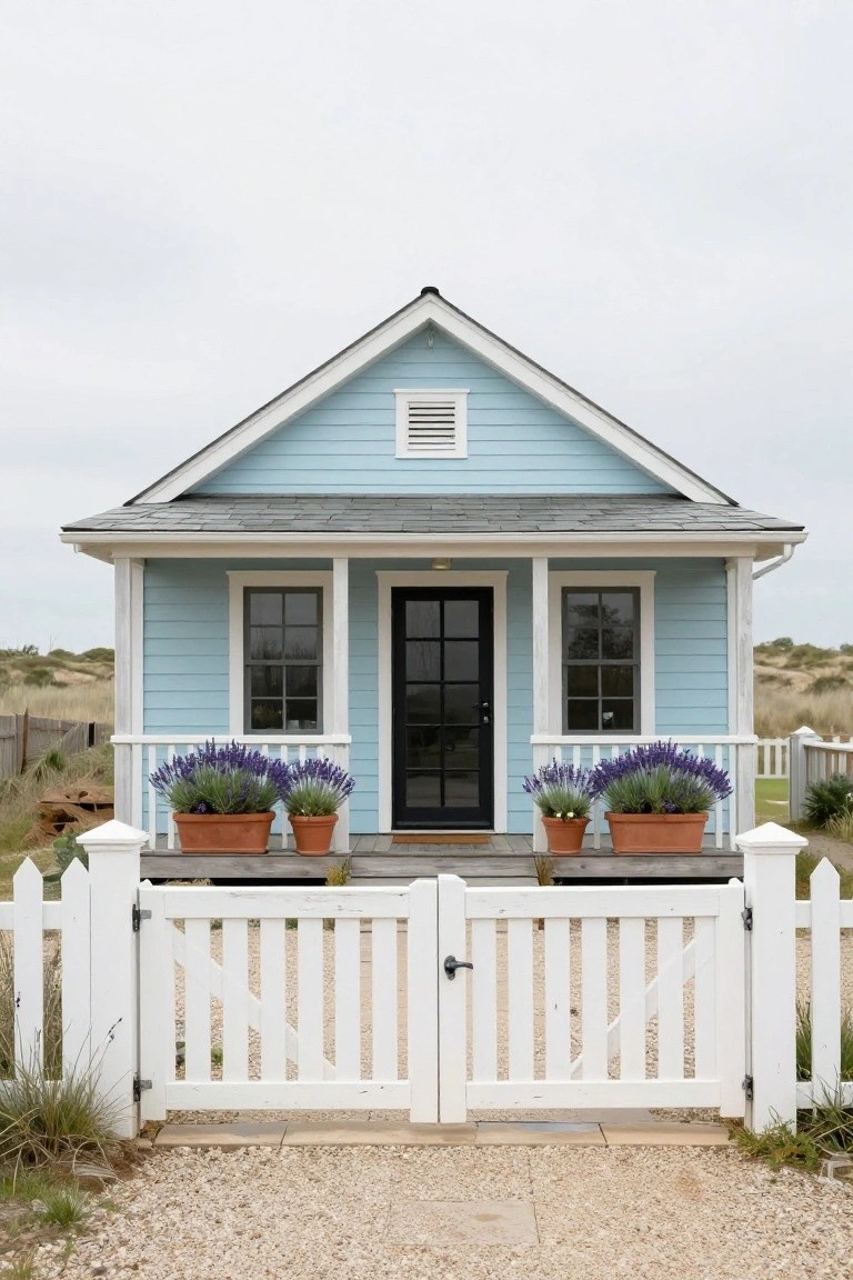 Light blue clapboard house with dark slate gabled roof, white trim and porch, black front door, lavender pots flanking entry, white picket fence gate, and sandy dune surroundings.