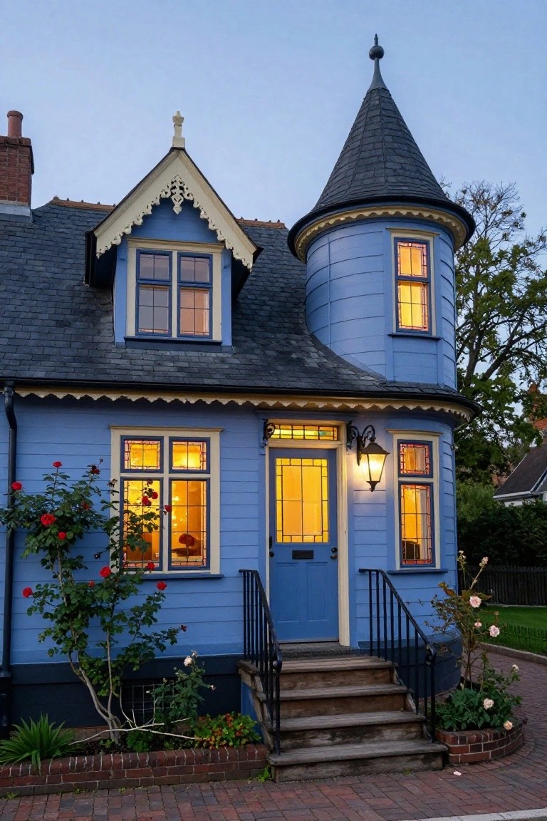 Light blue clapboard house with dark slate shingled roof, gabled sections, octagonal turret, stained glass windows, blue front door, wood steps, rose bushes, and lantern light at dusk.