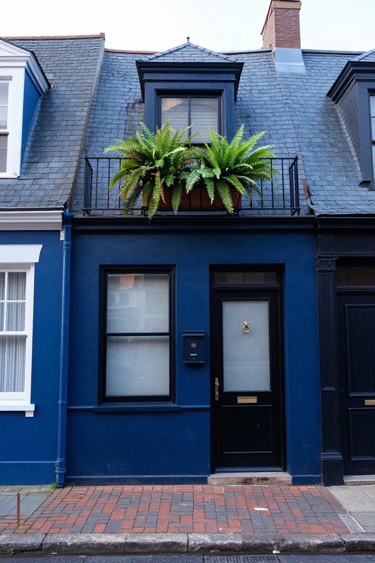 Navy blue terraced house with dark slate roof, black-framed windows and door, frosted glass panels, brass door knocker, metal balcony railing holding a large potted fern plant, flanked by white and black neighboring houses on a brick sidewalk.