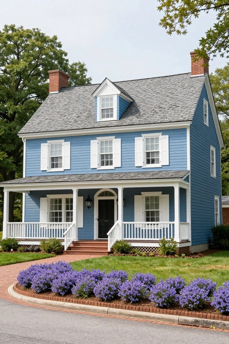 A two-story light blue clapboard house with gray shingle roof, white shutters and trim, brick chimneys, covered front porch with columns, brick steps to a dark wood door, and curved beds of purple lavender flowers along a brick pathway.