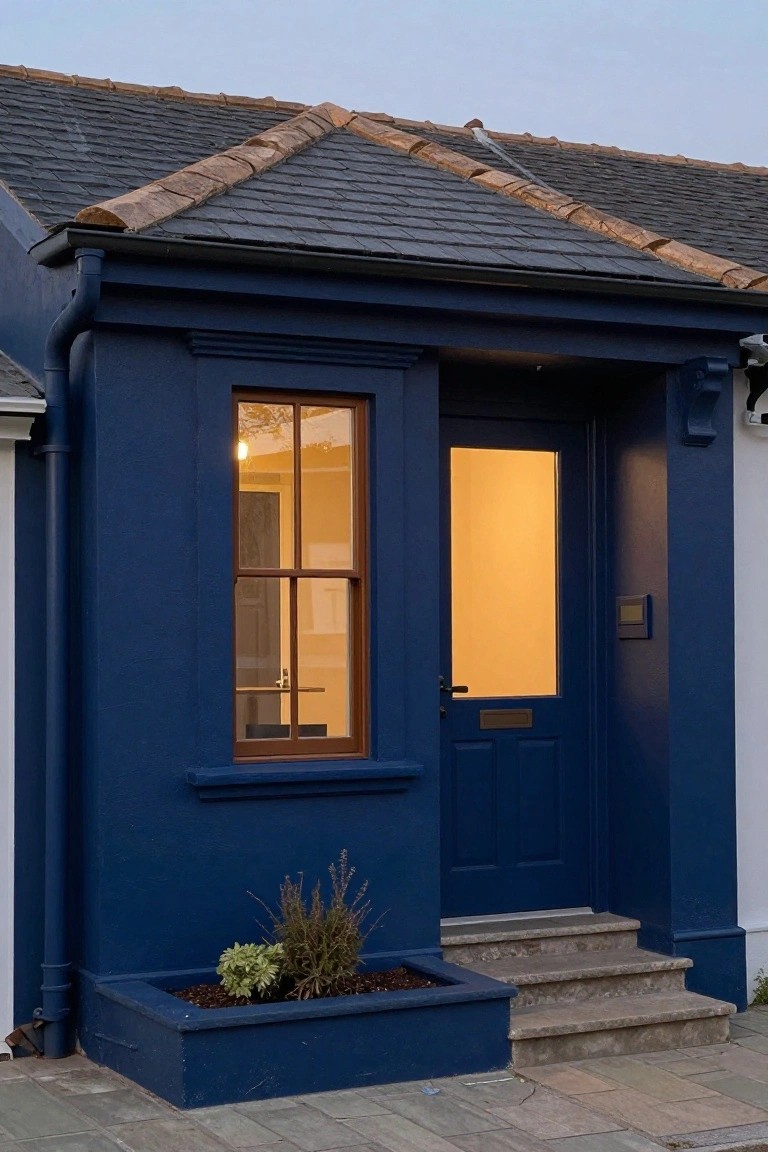 Navy blue painted house exterior with dark slate roof tiles, wooden framed window and entry door, blue planter box with plants, and stone steps at dusk.