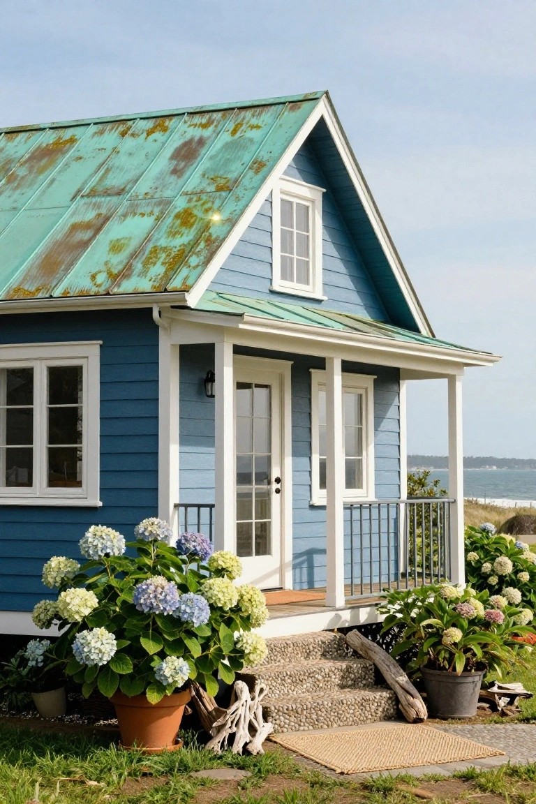 A small blue clapboard house with a patinated green metal roof, white window and door trim, covered front porch, large blooming hydrangea plants nearby, and an ocean view in the background.