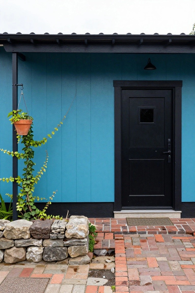 Blue vertical board-and-batten siding on a house exterior with a black front door that has a small square window, black trim, hanging terracotta pot with ivy on a black metal post, stone retaining wall, and brick pathway.