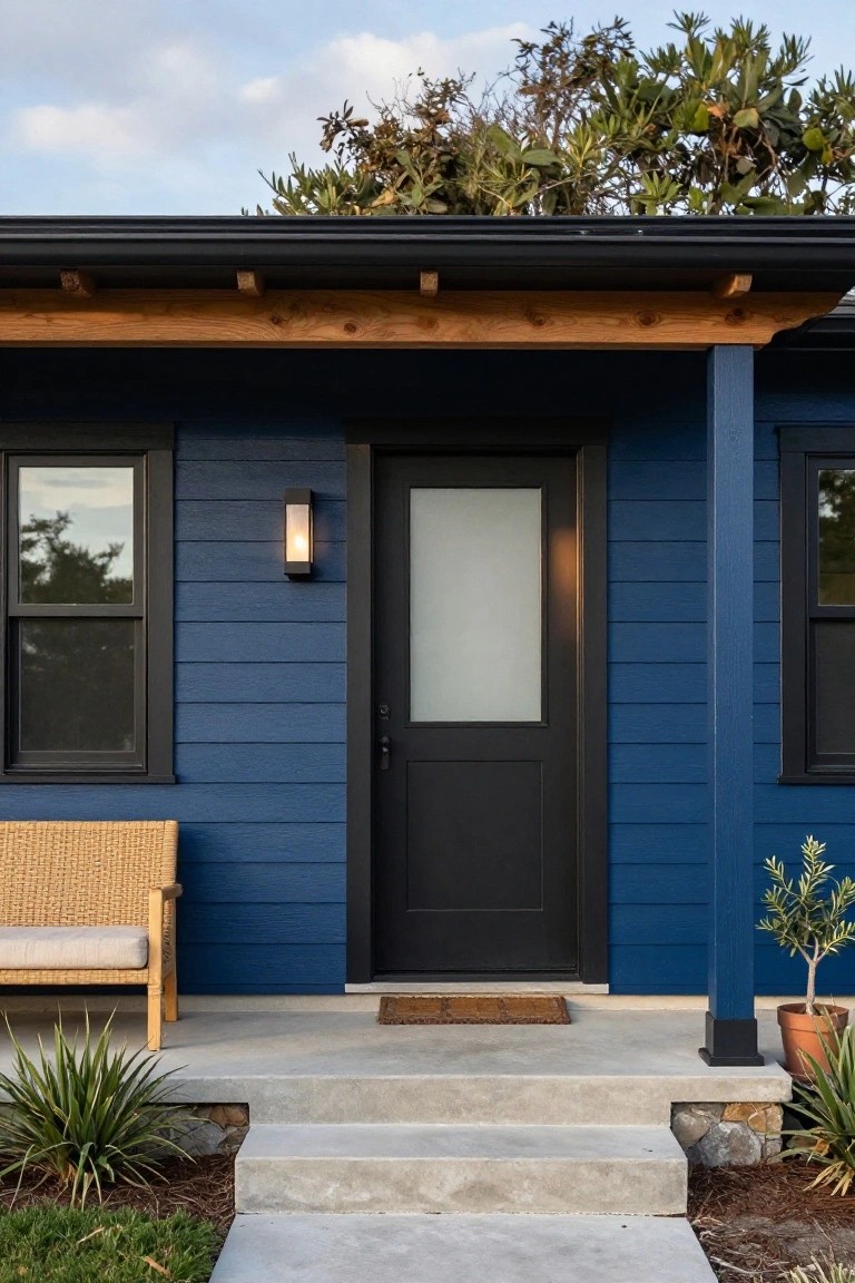 Front view of a two-story navy blue clapboard house with black window frames, a black front door featuring a frosted glass upper panel, wooden porch elements, a rattan bench, potted plants, and stone steps.