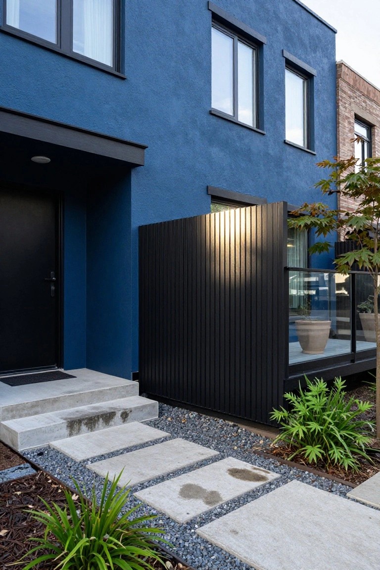 Blue painted house exterior with black framed windows and door, tall vertical black slat privacy screen beside entry steps, concrete slab pathway in gravel bed lined with plants, and glass balcony above.
