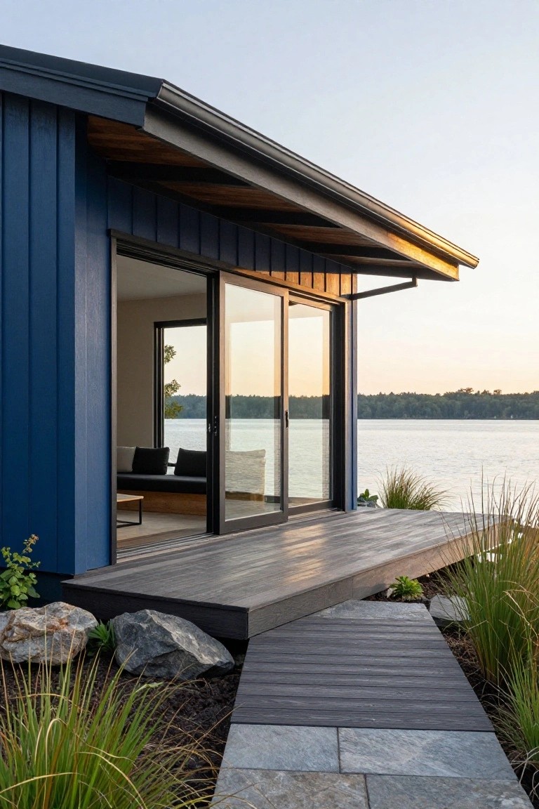 Corner view of a navy blue vertical board-and-batten cabin with black metal trim, large black-framed sliding glass doors open to a gray wood deck by a lake, with grasses, rocks, and a stone path nearby.