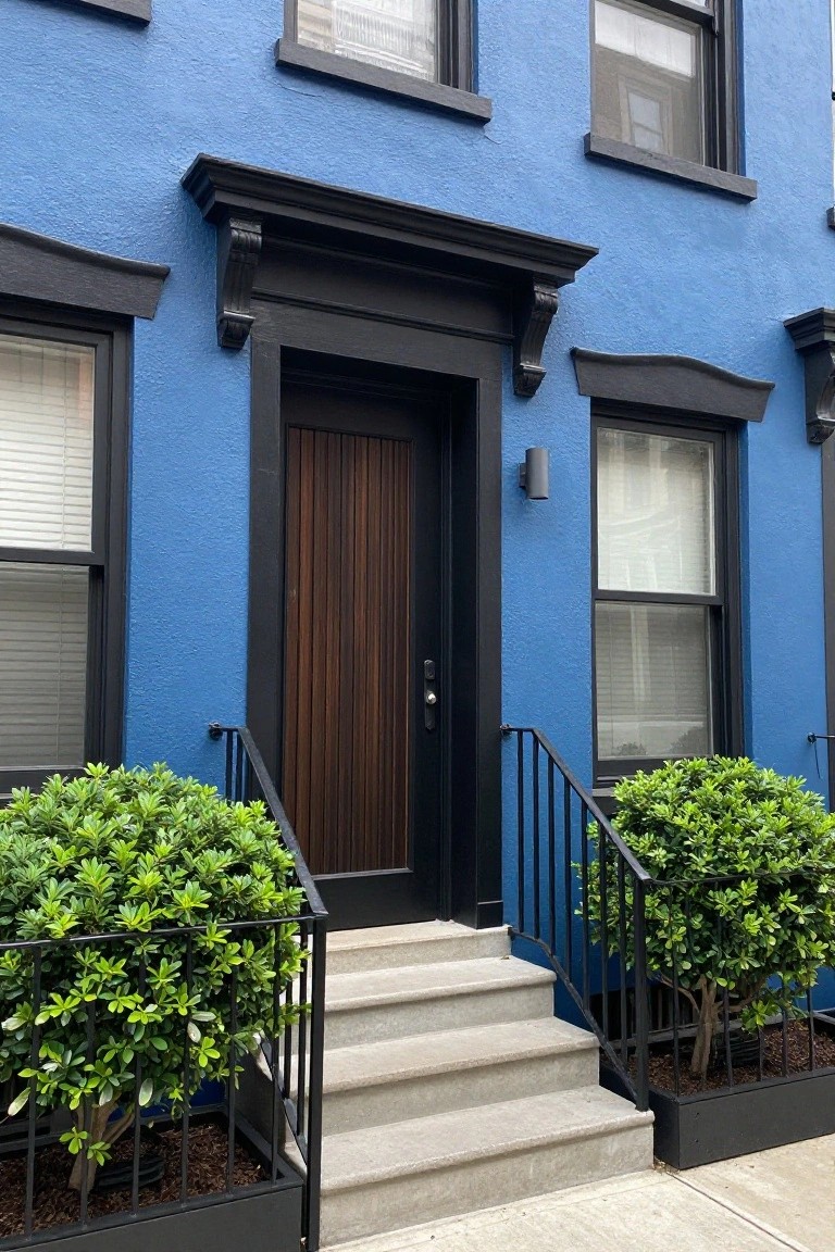 Bright blue painted rowhouse exterior with black trim on windows and door frame, dark vertical wood front door, black metal railing on concrete entry steps flanked by boxwood shrubs in black containers.