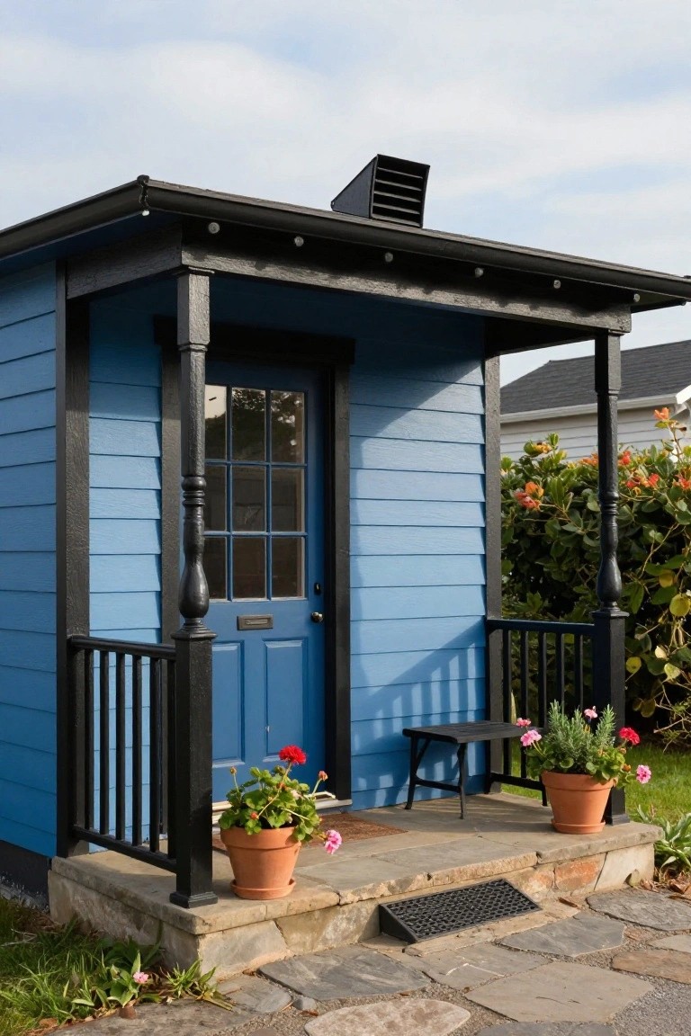 Small blue clapboard shed with black trim on porch posts, railing, and door, blue eight-pane door, potted flowers on porch, stone steps, and surrounding plants.