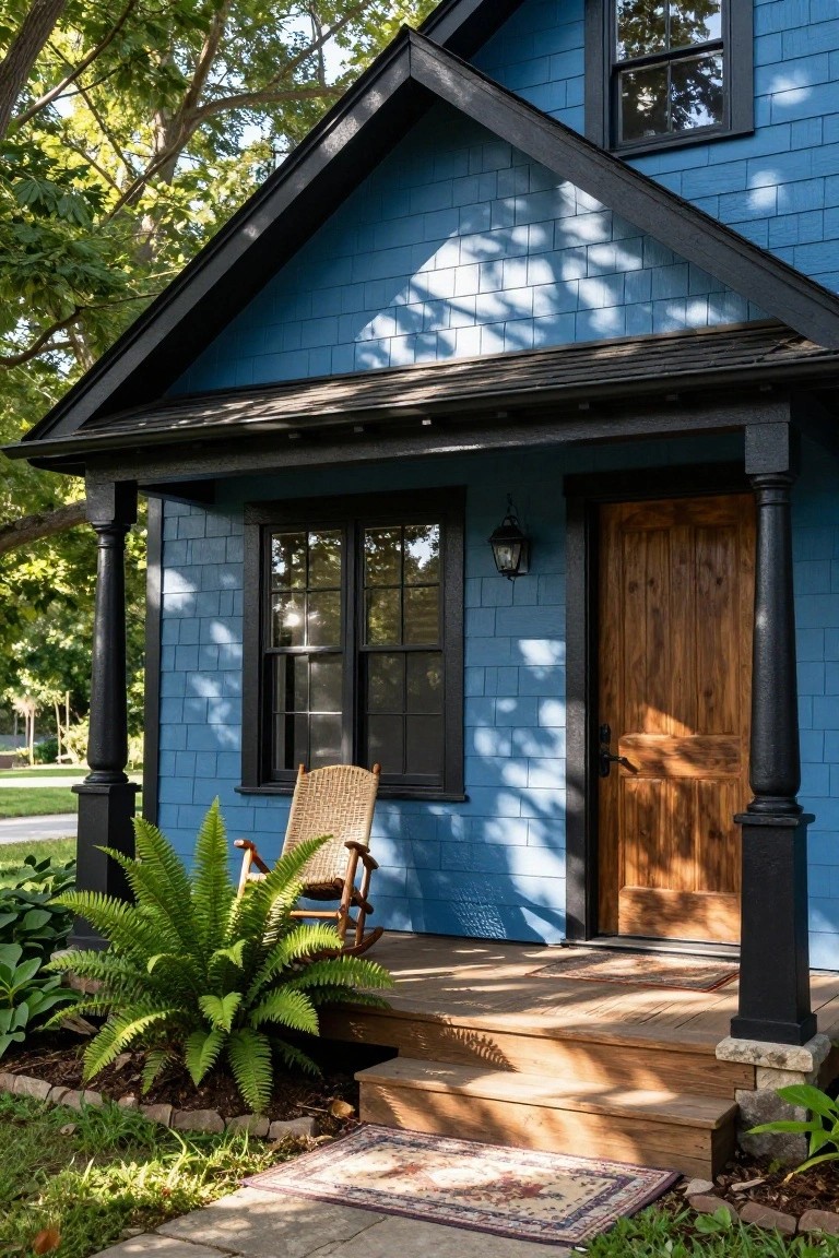 Blue clapboard house exterior with black trim on porch columns, roofline, and window frames, wooden front door, wicker rocking chair on porch, ferns in garden bed, and stone path.
