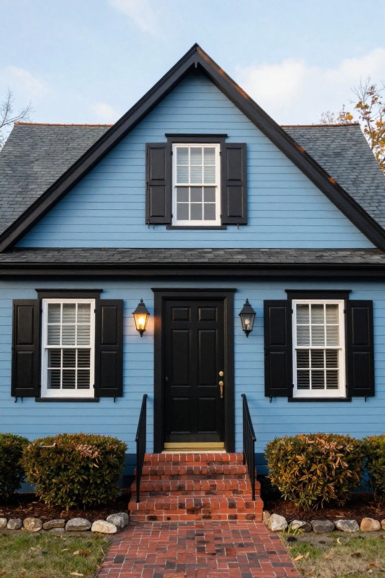 Blue clapboard house facade with black shutters on white windows, black front door flanked by lanterns, brick entry steps, and low shrubs along the foundation.