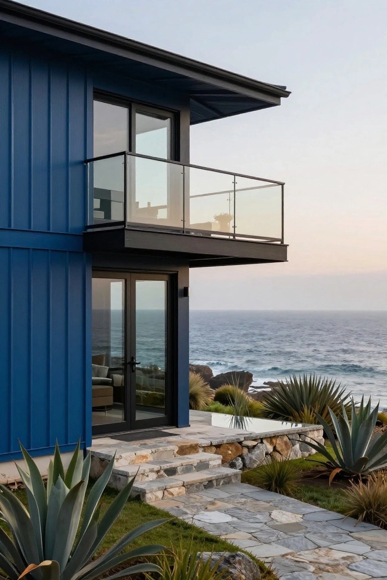 Side view of a modern house with deep blue vertical siding, black-framed sliding glass doors opening to the ocean, cantilevered balcony with glass railing above, stone steps, and agave plants in the foreground.