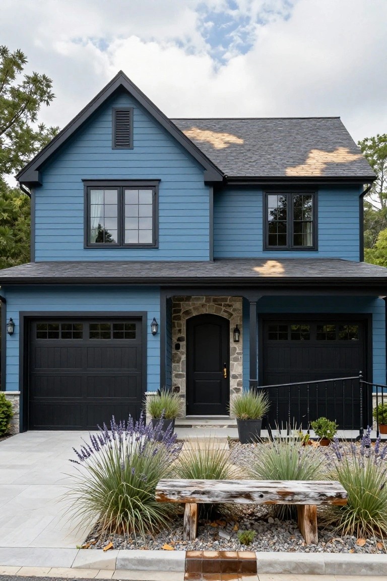 Two-story house exterior painted blue with black trim, featuring double black garage doors, arched stone entryway with black door, and front yard landscaping of lavender, grasses, and a wooden bench on concrete paving.
