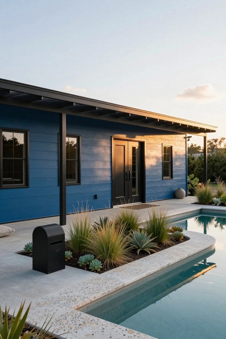 Side view of a navy blue clapboard house exterior with black window frames, double dark front doors under a covered porch, next to a curved infinity-edge pool edged in travertine and surrounded by succulent plants and grasses.