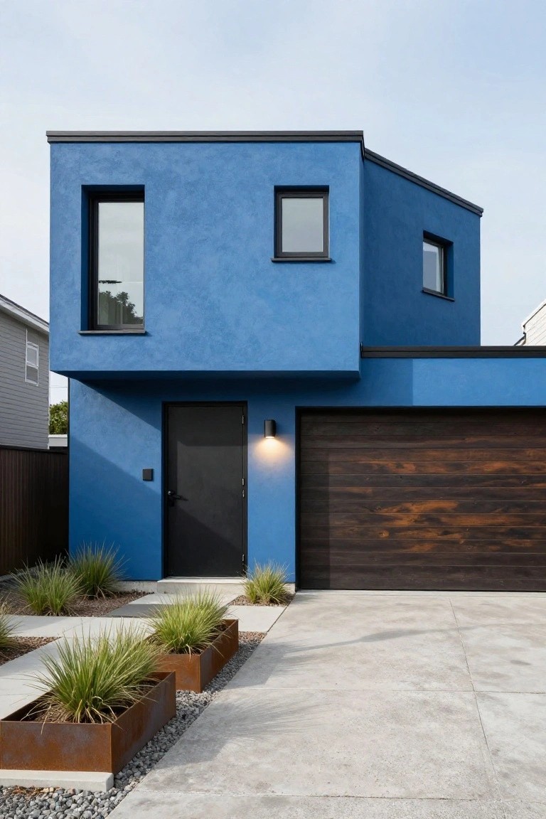 Modern angular blue stucco house with black-framed windows and door, dark wood garage door, concrete walkway, and corten steel planters with grasses.