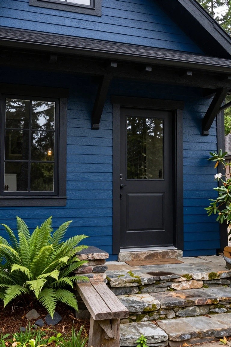 Front view of a navy blue clapboard house with black-framed windows and door, wooden porch brackets, stone entry steps, wooden bench, ferns, and rhododendron plants.