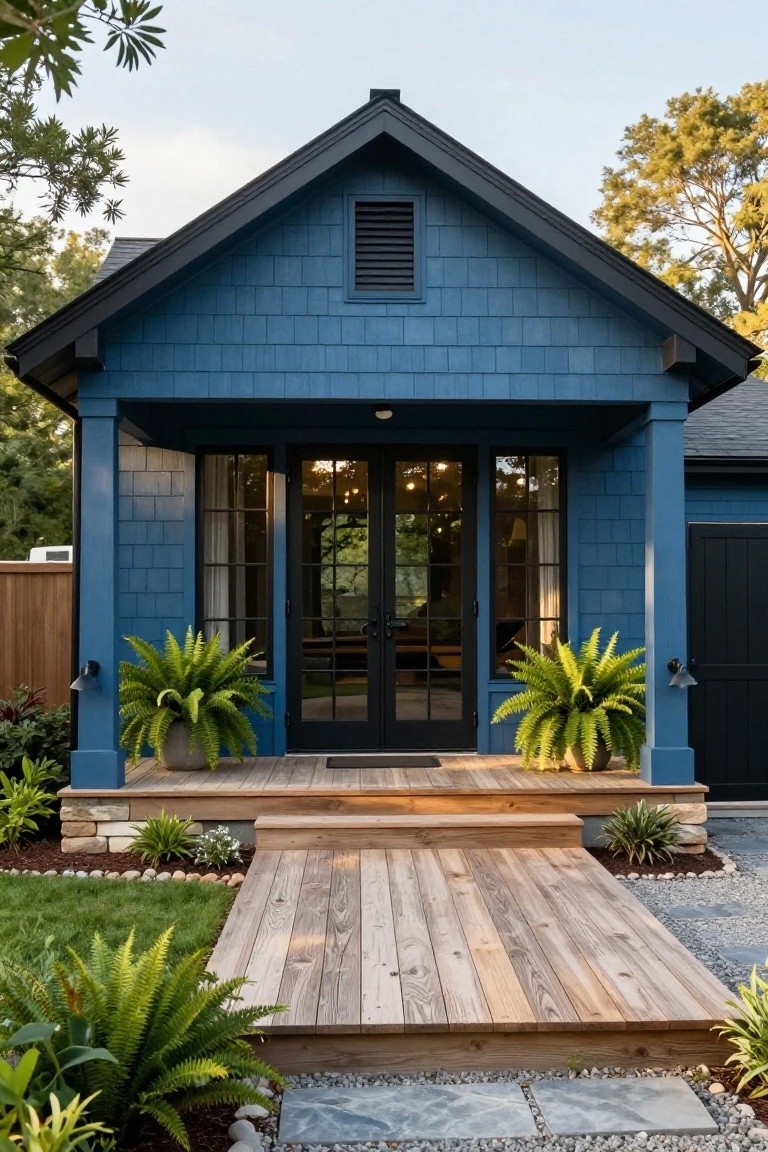 Navy blue shingle-sided house exterior with black-framed glass doors and windows on a covered porch, wooden deck steps, potted ferns, and gravel path in a landscaped yard.