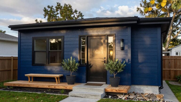 Front view of a two-story navy blue clapboard house with black window frames, a black front door featuring a frosted glass upper panel, wooden porch elements, a rattan bench, potted plants, and stone steps.