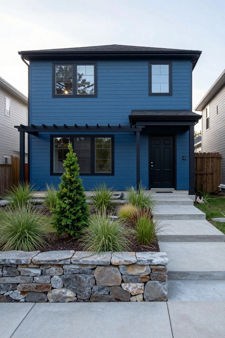 Front exterior of a two-story navy blue house with black-framed windows, black front door, black pergola-covered entryway, concrete steps, stone retaining wall with ornamental grasses and a small evergreen tree, and adjacent homes.