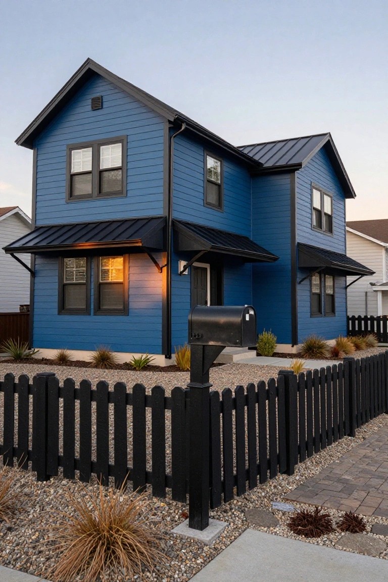 A two-story navy blue house with black trim on windows, doors, and roof edges, black metal awning over the entry, black mailbox, and black picket fence enclosing a gravel yard with ornamental grasses.
