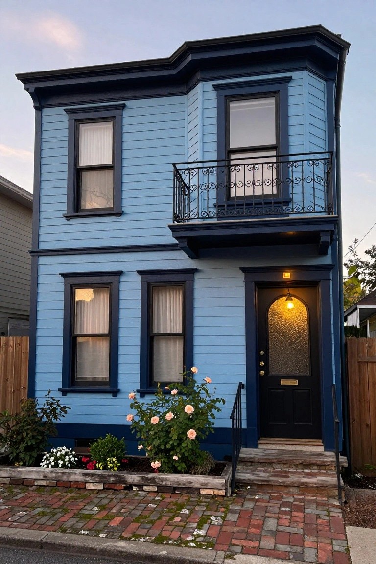 Two-story blue clapboard house with black trim, balcony with wrought-iron railing, arched black front door with glass panel, front steps, brick pathway, and garden bed with roses and plants.
