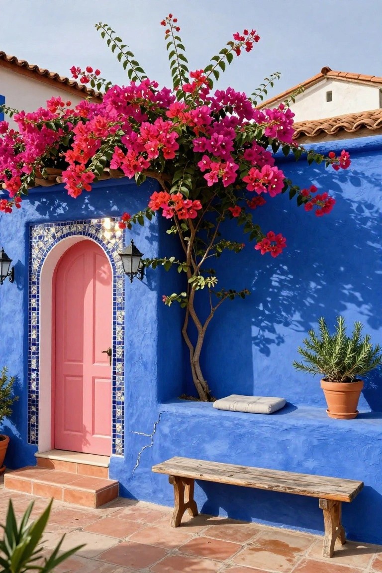 Deep blue stucco exterior wall with arched pink wooden door framed in blue and white tiles, bougainvillea vines climbing above, wall lanterns, potted plants, wooden bench, and terracotta steps.