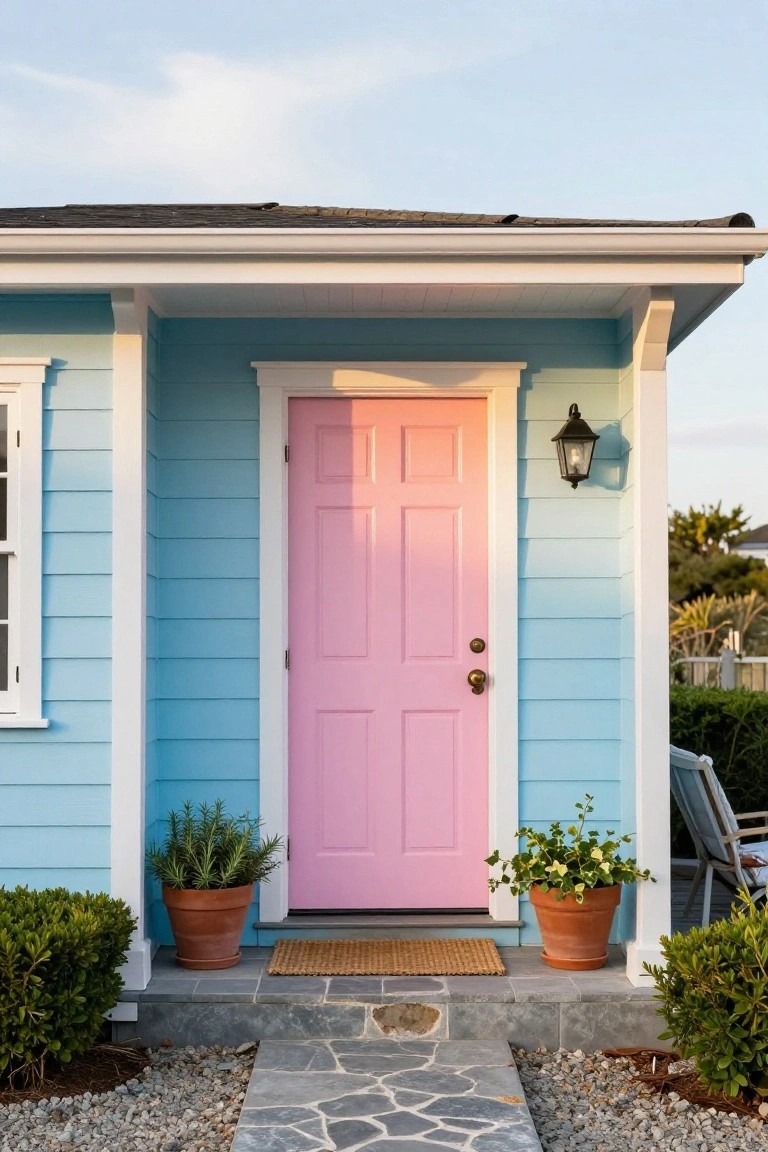 Teal blue clapboard house exterior featuring a bright pink paneled front door, white trim, potted plants on either side, a lantern light, and a stone pathway leading to the entrance.
