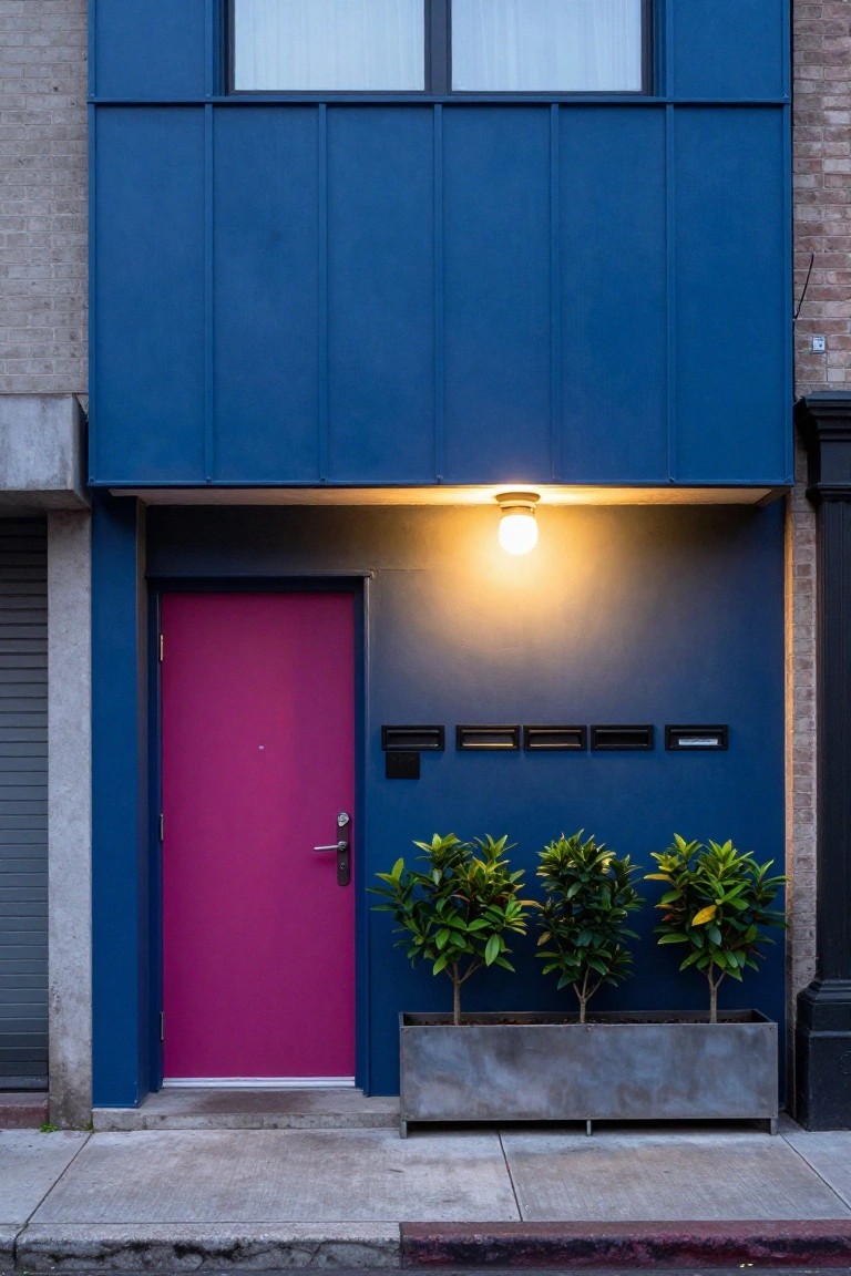 House exterior featuring deep blue vertical cladding, magenta pink front door with handle, multiple black mailboxes, four potted green plants in a long metal trough, lit white porch light, concrete sidewalk, adjacent gray garage door and brick wall.