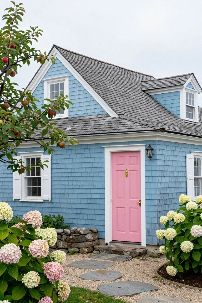 Blue shingled house exterior with pink front door, white trim, lantern light, hydrangea bushes, apple tree, stone wall, and gravel path with stepping stones.