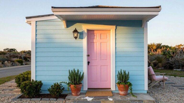 Teal blue clapboard house exterior featuring a bright pink paneled front door, white trim, potted plants on either side, a lantern light, and a stone pathway leading to the entrance.